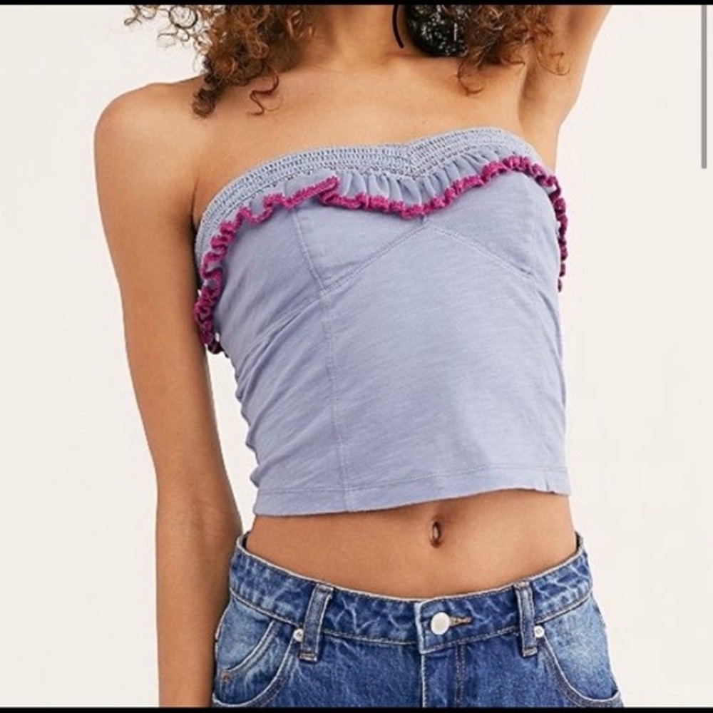 Free People Blue Strapless Ruffle Trim Corset Crop Top Size S